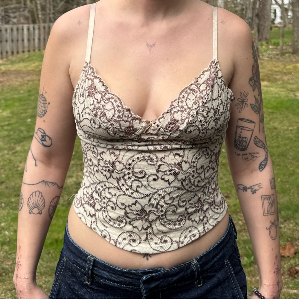 Cream and Brown Lace Cami Top